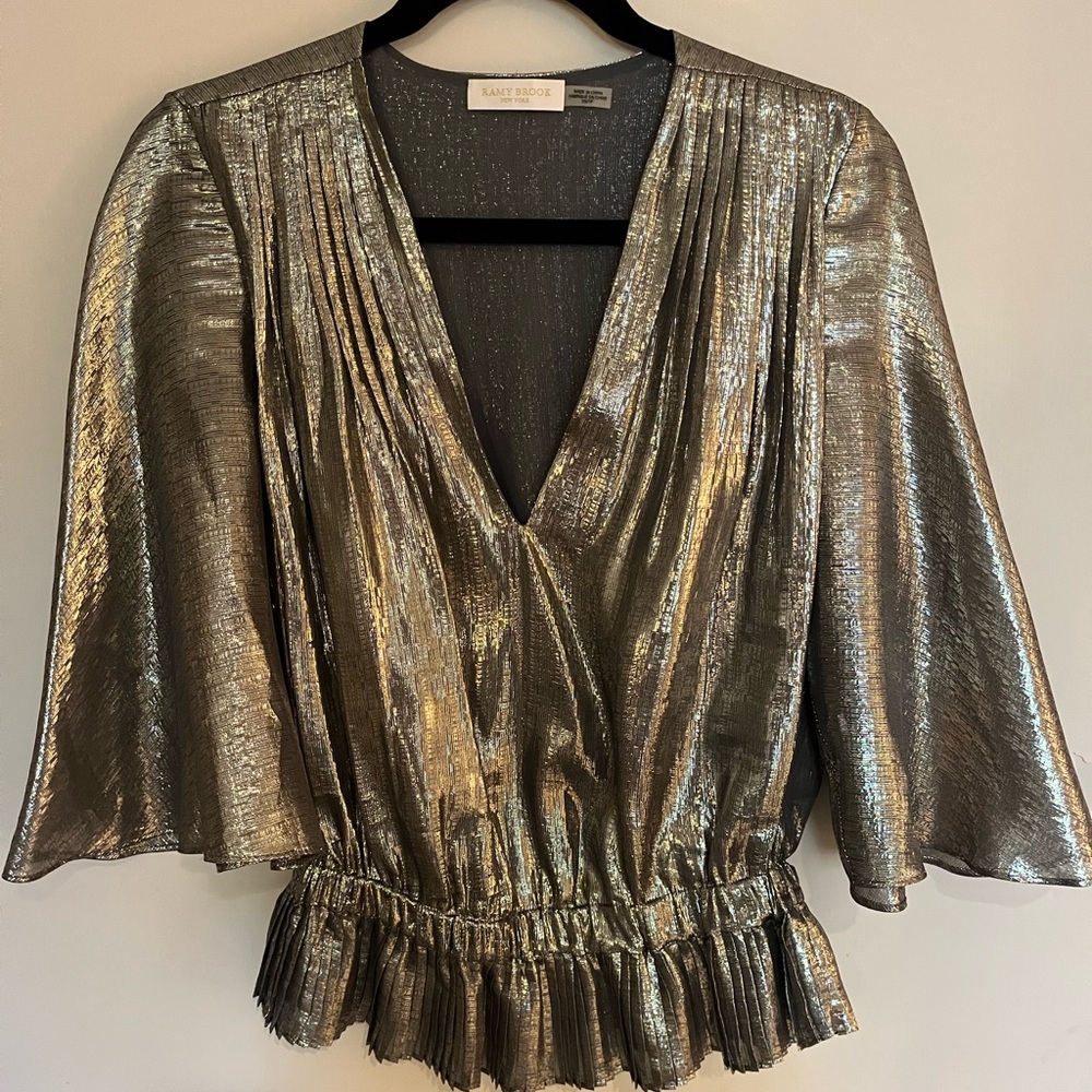 Ramy Brook Metallic Gold V-Neck Peplum Top
